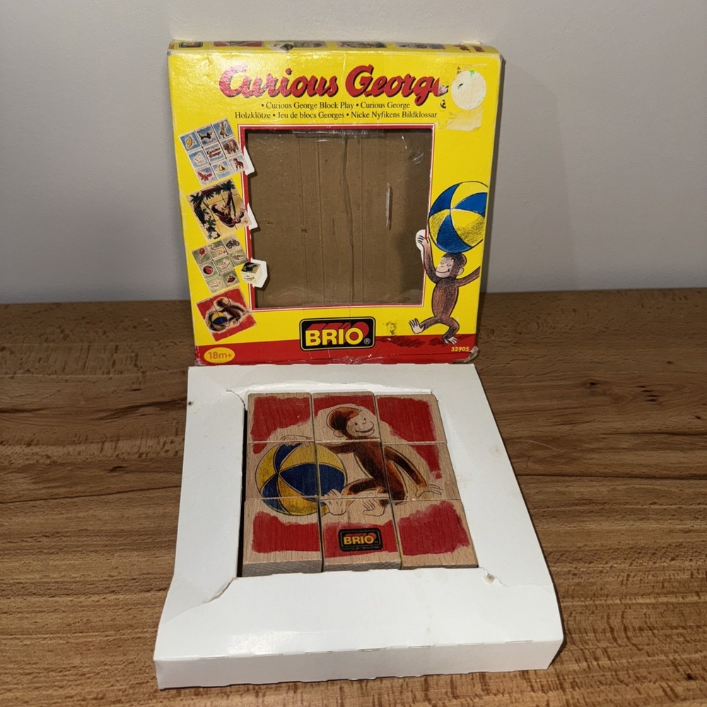 Vintage Brio Curious George Block Play Puzzle 9 Cubes Wooden 32905